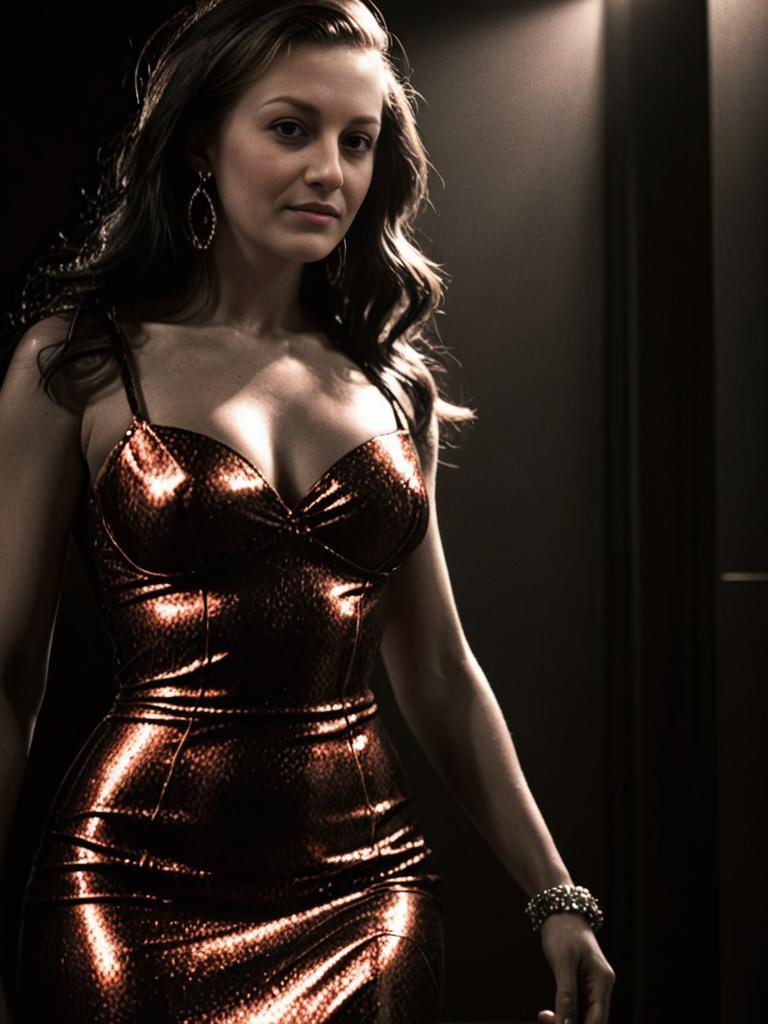 Confident Woman in Metallic Dress - Film Noir Style