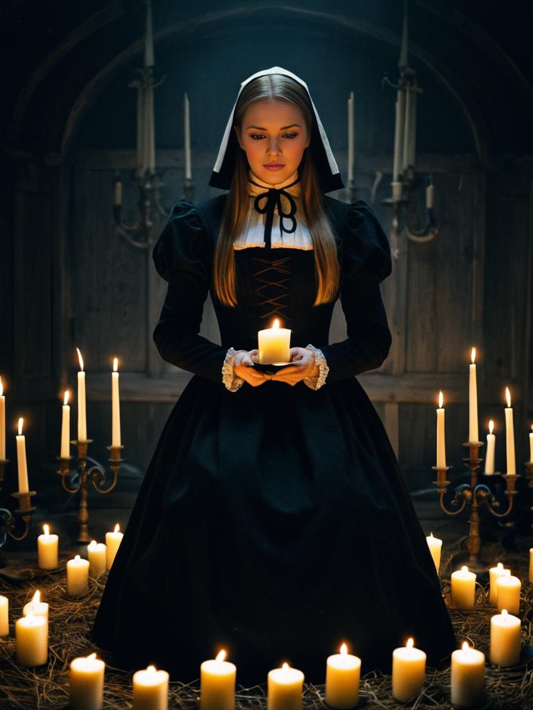 Woman in Traditional Puritan Dress Holding Candle Amid Candlelight