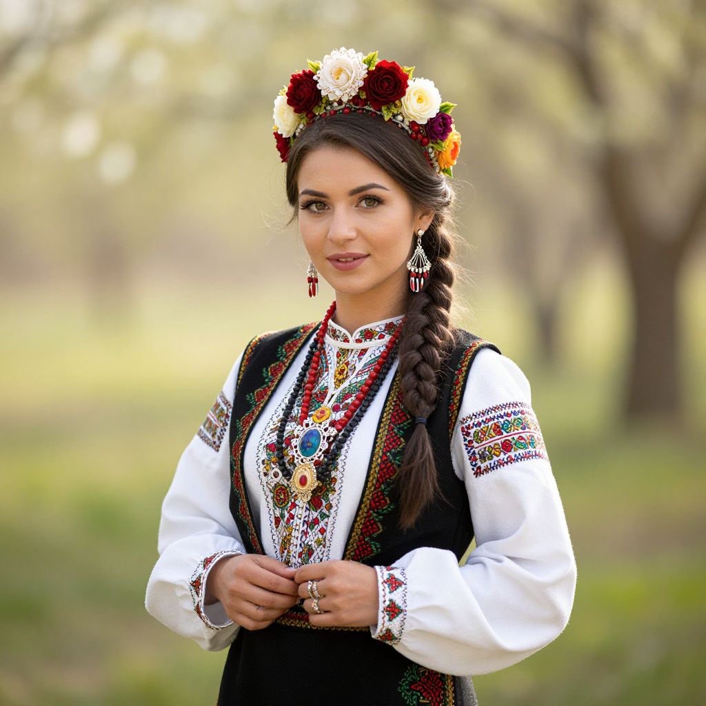 Woman in Traditional Eastern European Folk Costume with Floral Crown