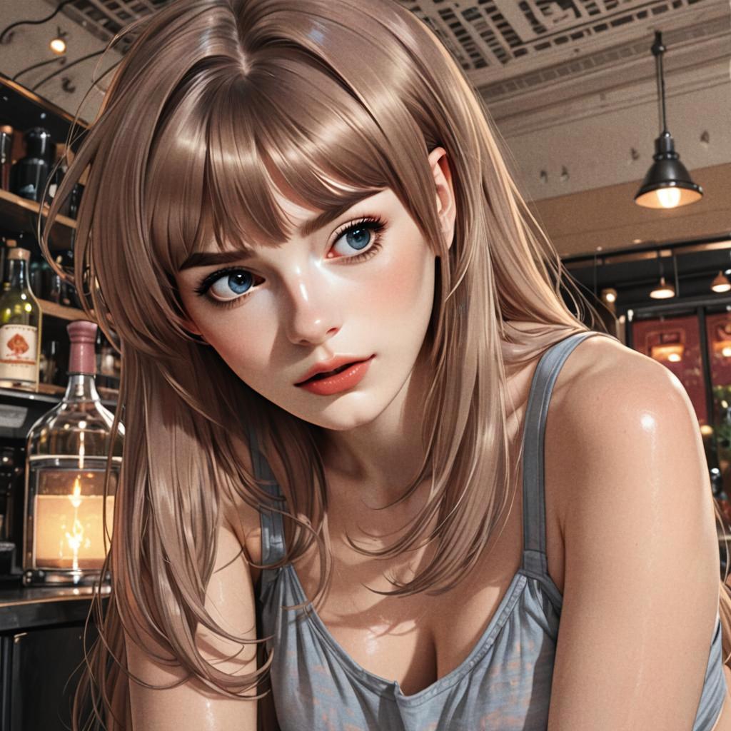 Realistic Anime Style Portrait of Young Woman in Cozy Bar Interior