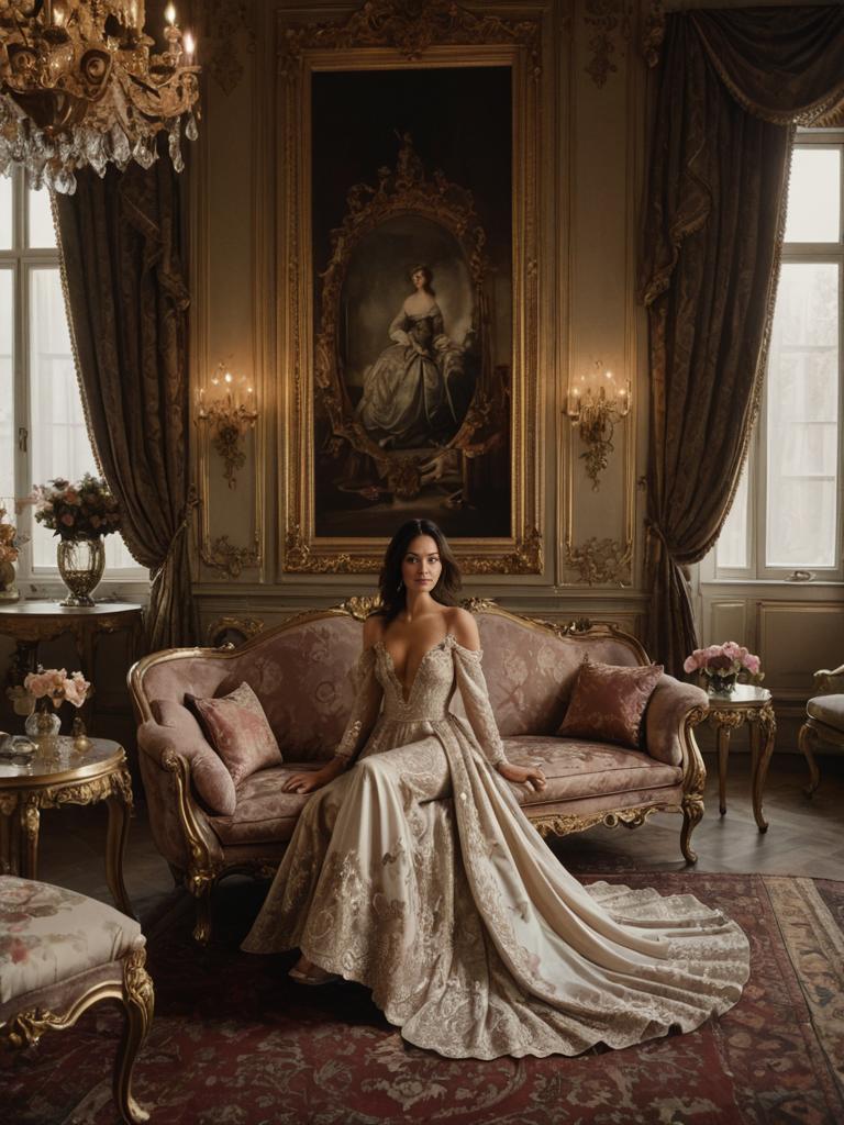 Elegant Bride on Vintage Sofa in Luxurious Decor