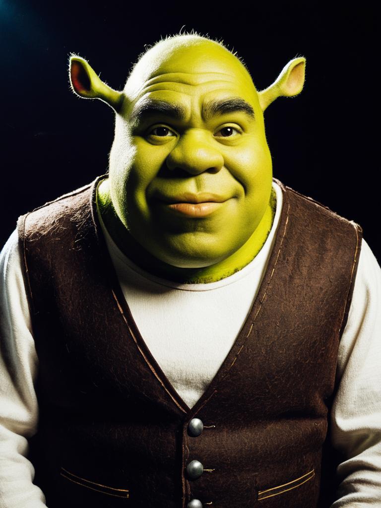 Photorealistic Man in Shrek Costume Cinematic Cosplay Portrait