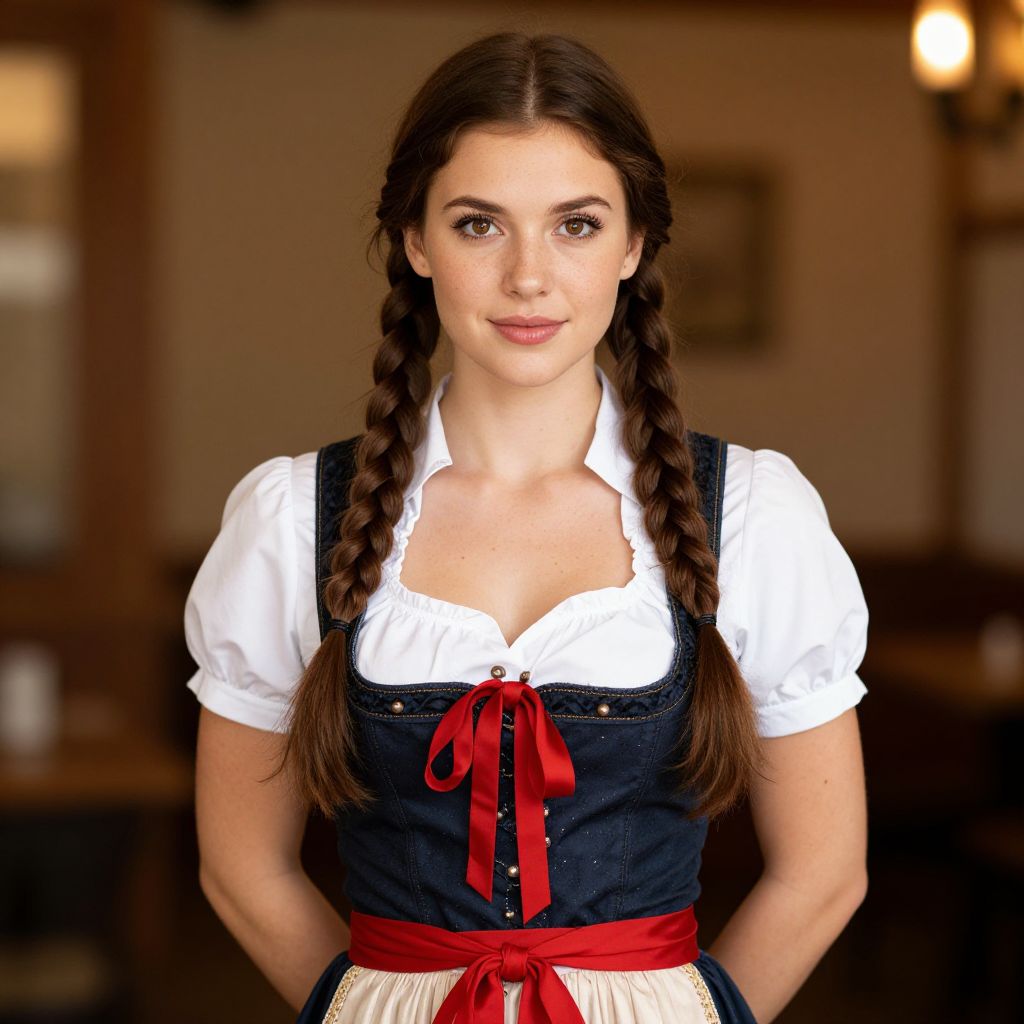 Young Woman Wearing Traditional Bavarian Dirndl Dress