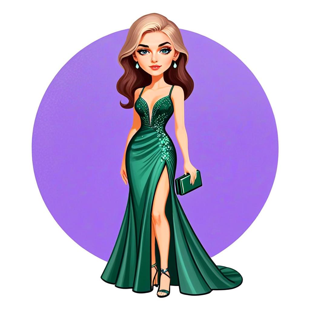Elegant Woman in Emerald Green Plunging Neckline Gown with Clutch