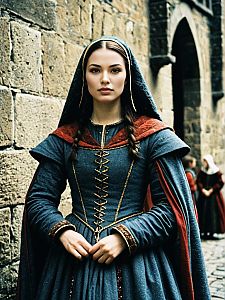 Medieval Woman in Blue and Red Historical Gown by Stone Wall