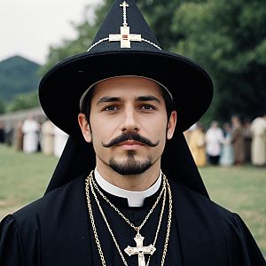 Man in Holy Priest Costume Wearing Cross-Adorned Hat and Gold Chains