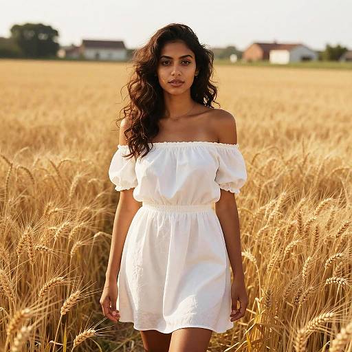 Woman in White Off-Shoulder Dress in Golden Wheat Field