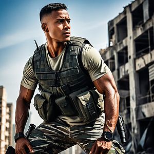 Muscular Man in Tactical Gear in Urban Setting