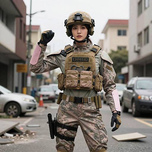 Confident Woman in Modern Tactical Military Gear in Urban Setting