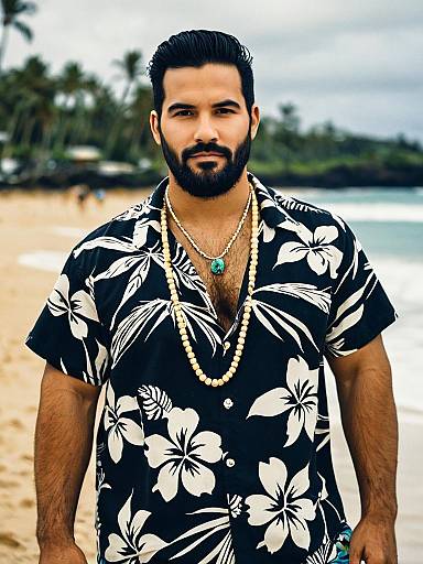 Man in Black Hawaiian Shirt with Floral Print on Tropical Beach