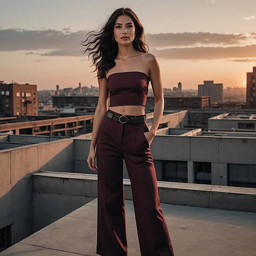 Fashionable Woman on Urban Rooftop at Sunset in Maroon Outfit