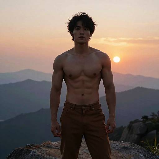 Shirtless Man Standing on Mountain at Sunset with Scenic View