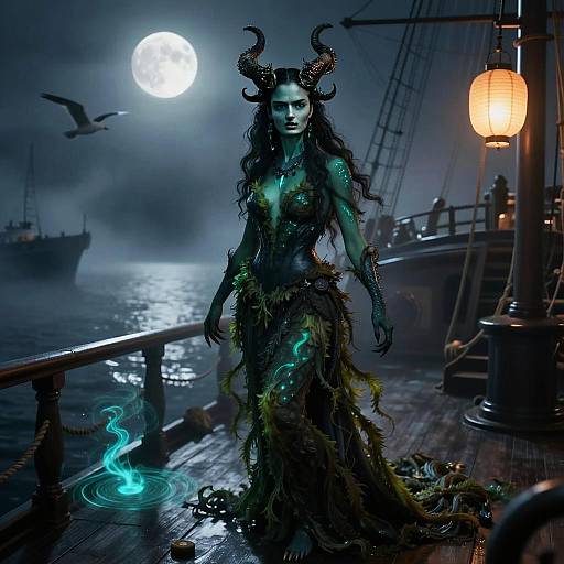 Fantasy Horned Woman in Enchanted Sea Creature Dress on Ship Deck at Night