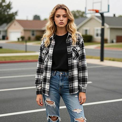 Young Woman in Plaid Shirt and Ripped Jeans Standing on Basketball Court