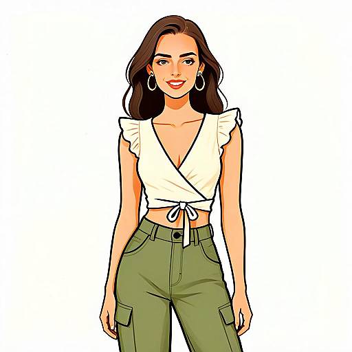 Contemporary Illustration of Smiling Woman with Pretty Hair in White Crop Top and Green Pants