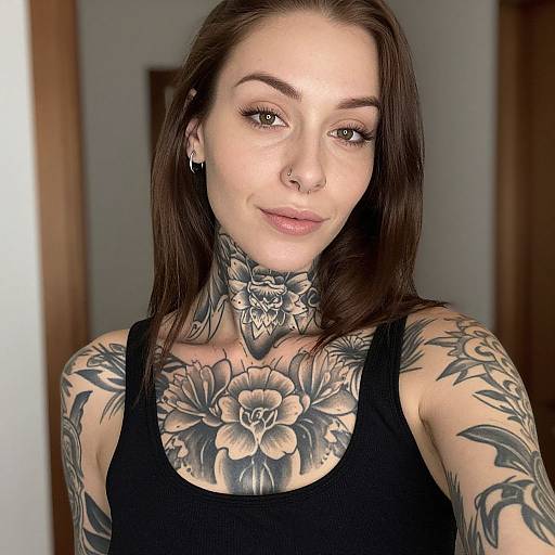 Young Woman with Detailed Black and Gray Floral Tattoos Wearing Black Tank Top