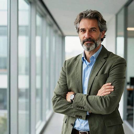 Confident Middle-Aged Man in Olive Blazer Standing in Modern Office