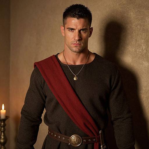 Man in Roman Style Tunic with Red Sash and Candlelight