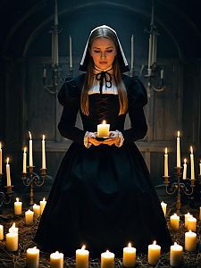 Woman in Traditional Puritan Dress Holding Candle Amid Candlelight