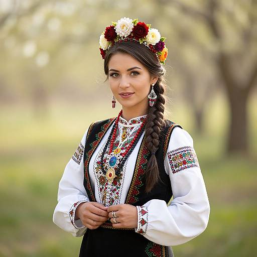 Woman in Traditional Eastern European Folk Costume with Floral Crown