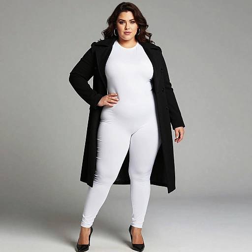Plus Size Woman in White Bodysuit and Black Coat Pimp Costume