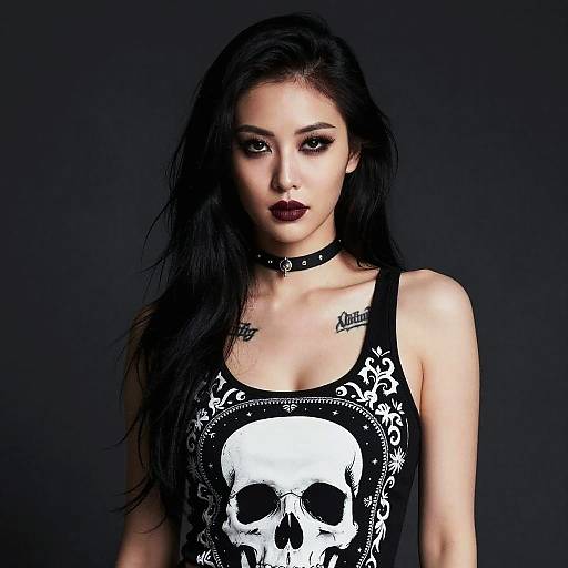 Gothic Woman Wearing Skull Print Tank Top and Choker Necklace
