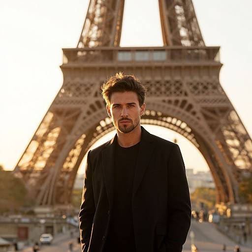 Stylish Man Standing by Eiffel Tower in Paris at Golden Hour