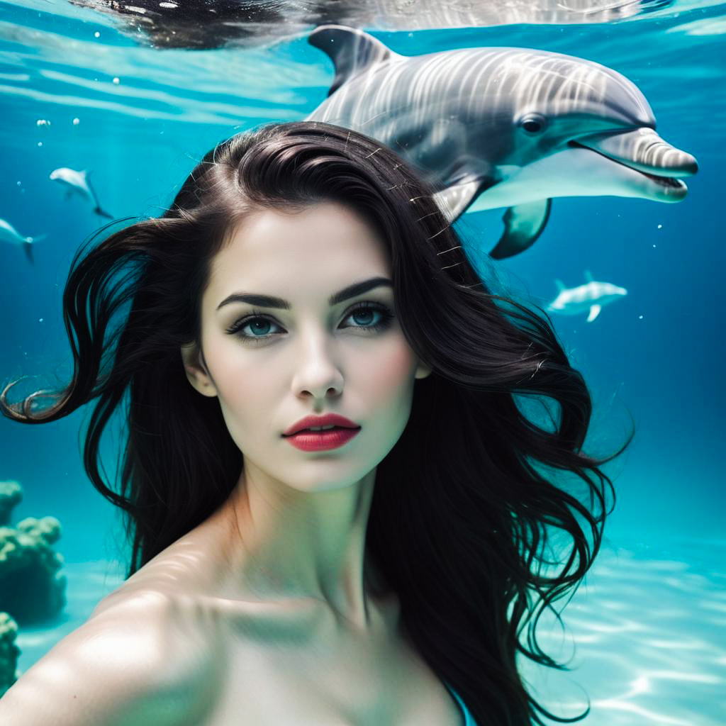 Woman Underwater with Dolphin