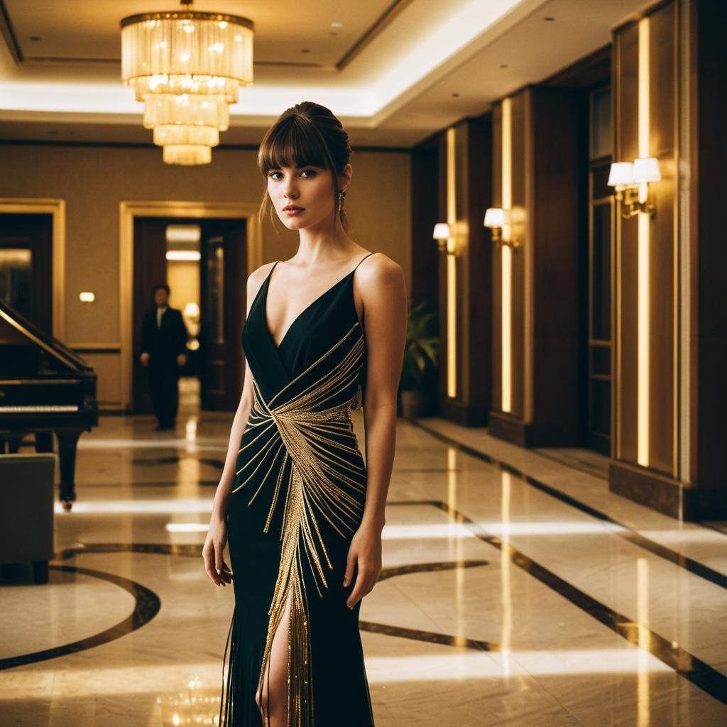 Elegant Woman in Black and Gold Evening Gown in Luxury Hotel Lobby