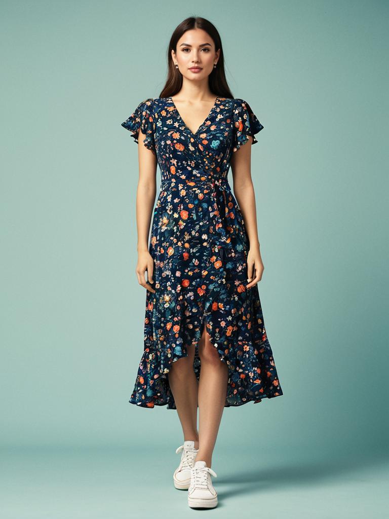 Woman in Casual Chic Vibrant Multicolor Floral Print V-Neck Midi Dress