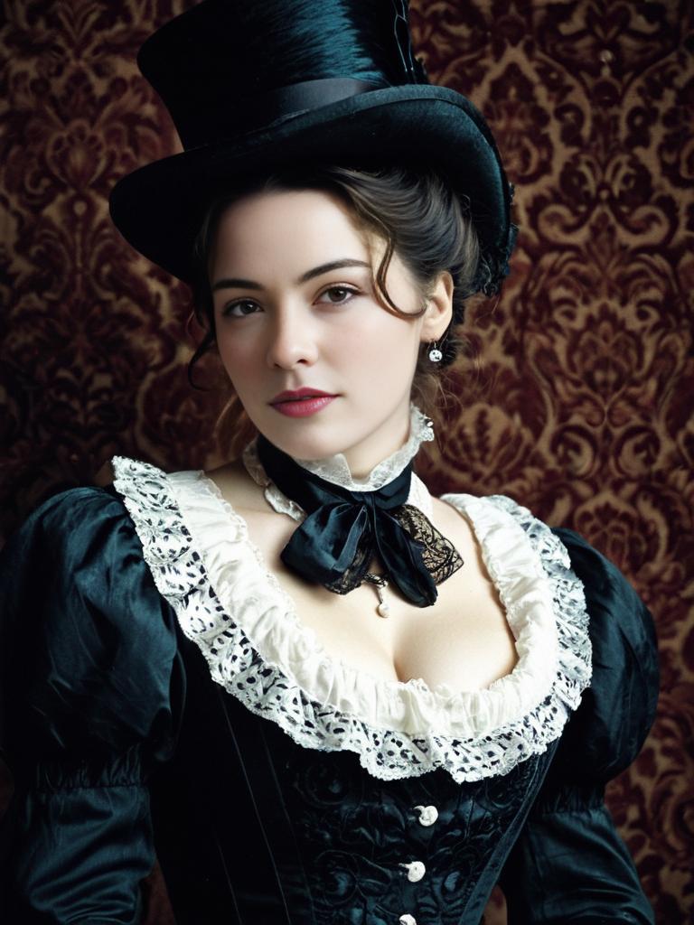 Victorian Woman in Elegant Black Dress and Satin Top Hat