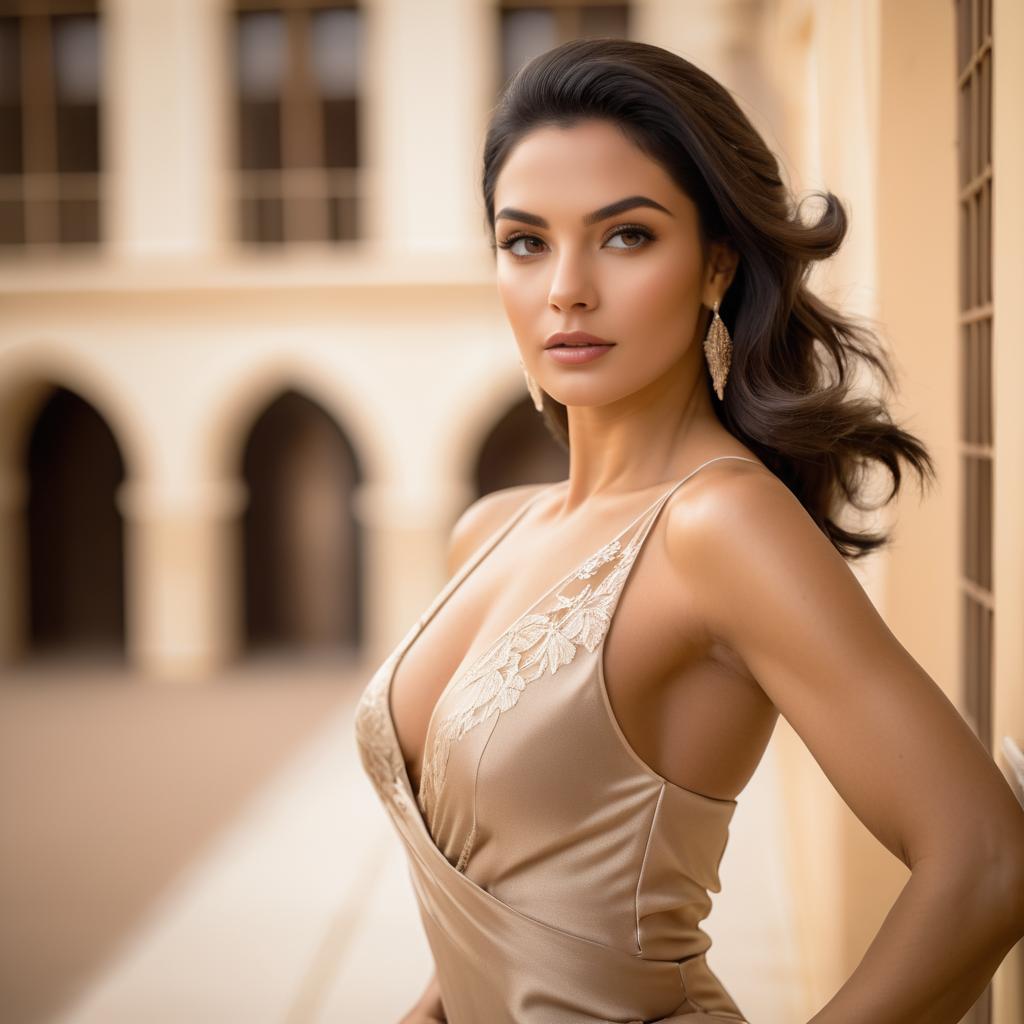 Elegant Woman in Sophisticated Dress Against Architectural Backdrop