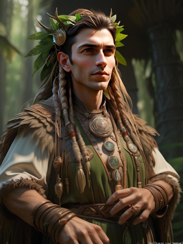 Fantasy Tribal Man in Forest with Ornate Natural Accessories