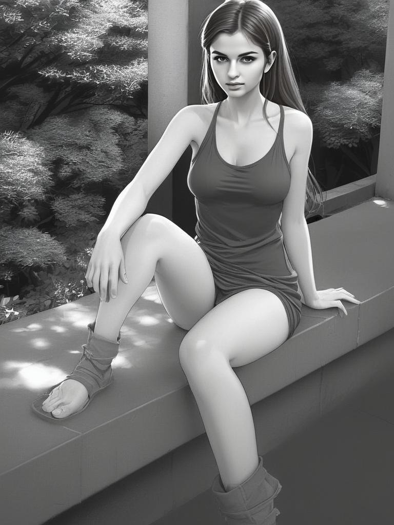 Young Woman Sitting Outdoors in Sleeveless Dress - Black and White Digital Art