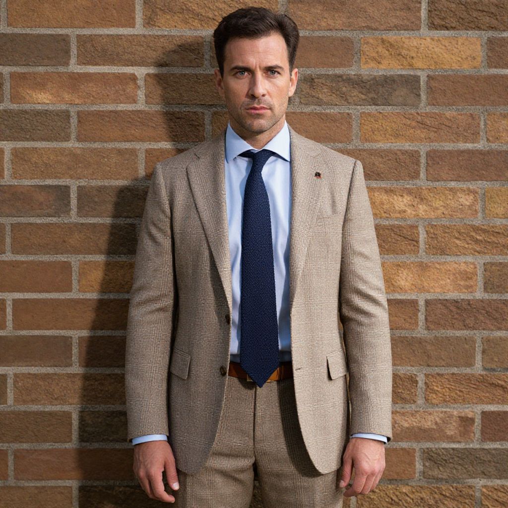 Man in Beige Textured Suit with Blue Tie Standing Against Brick Wall