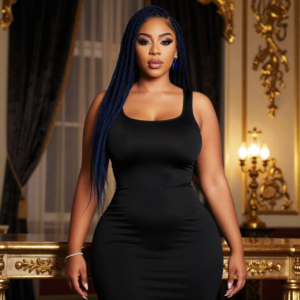 Elegant Woman in Black Dress with Braided Hair in Opulent Setting