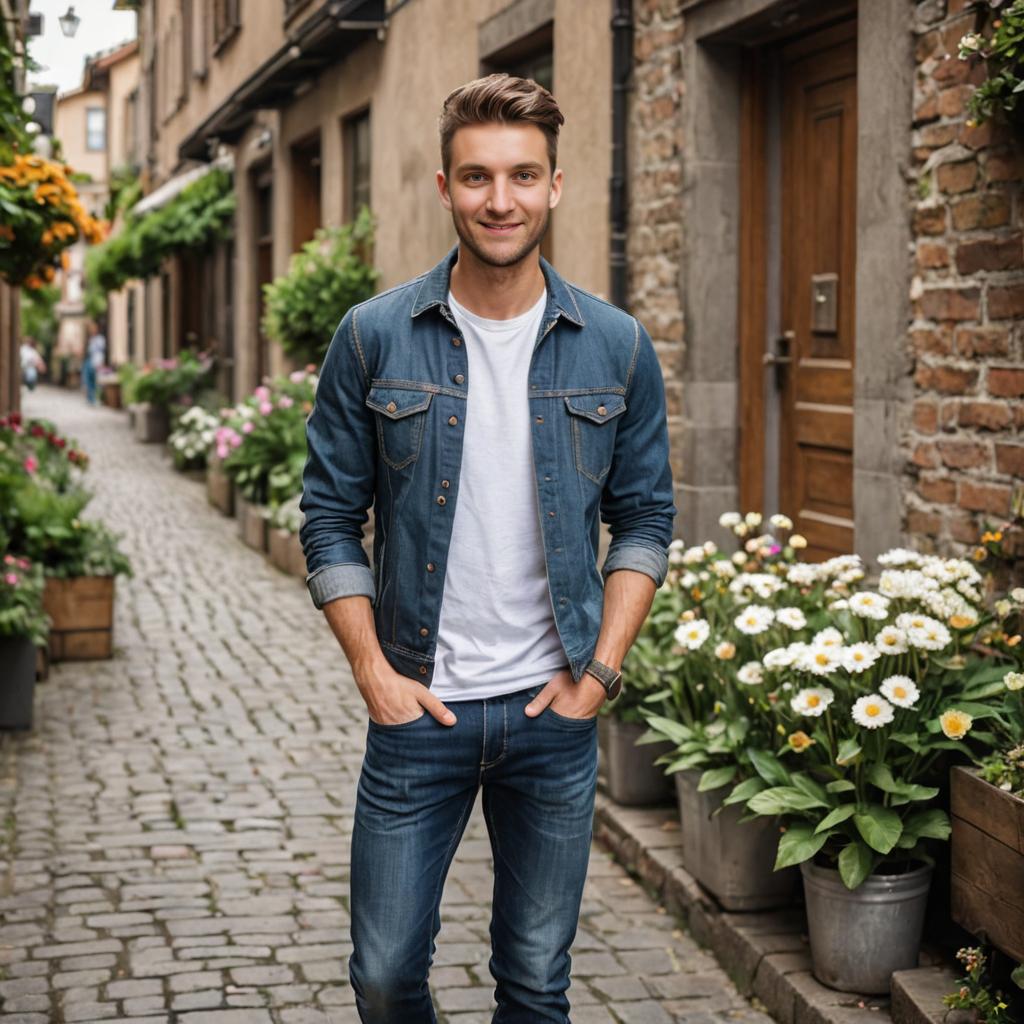 Confident man in denim on a cobblestone street