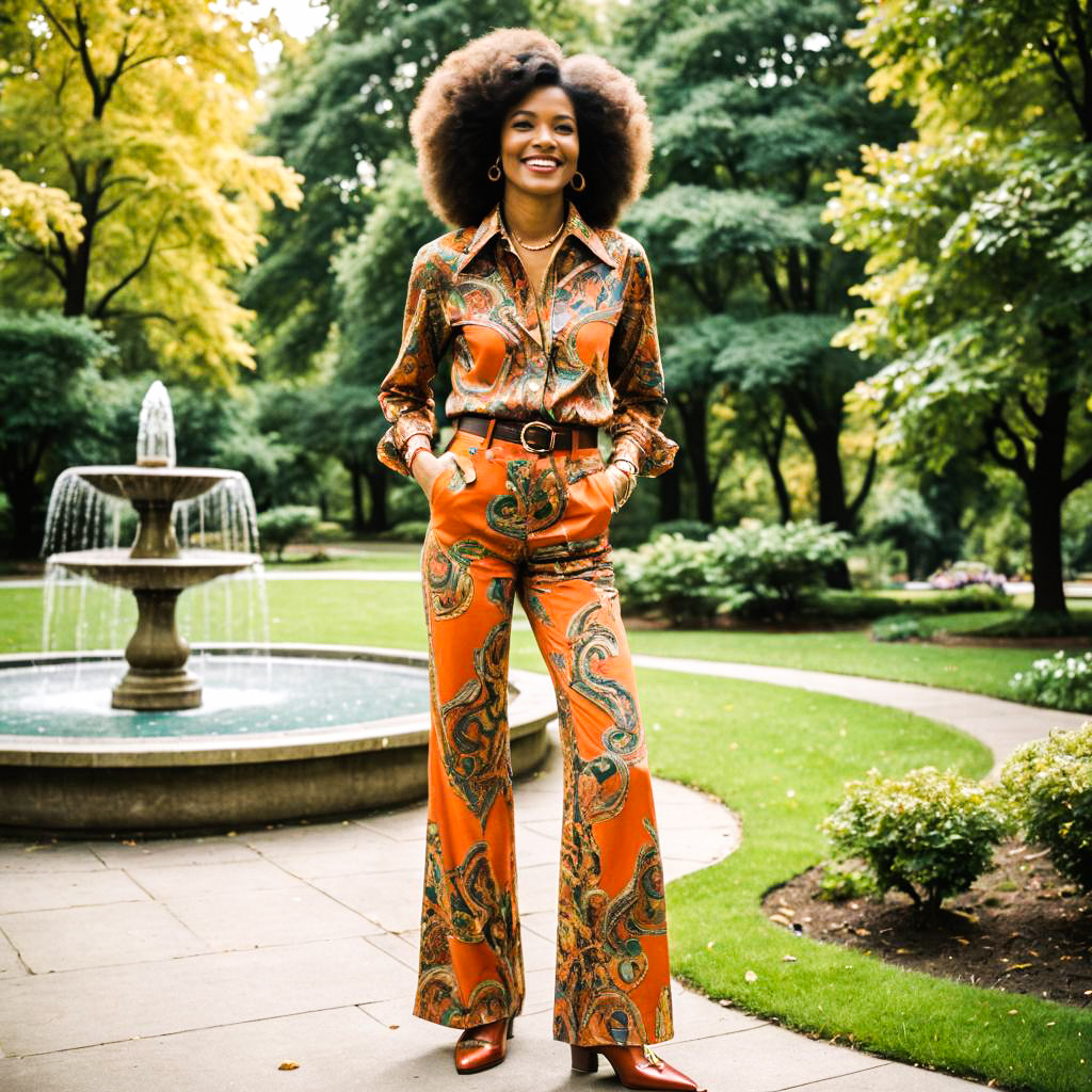 Stylish Woman in Retro Paisley Outfit in Lush Garden