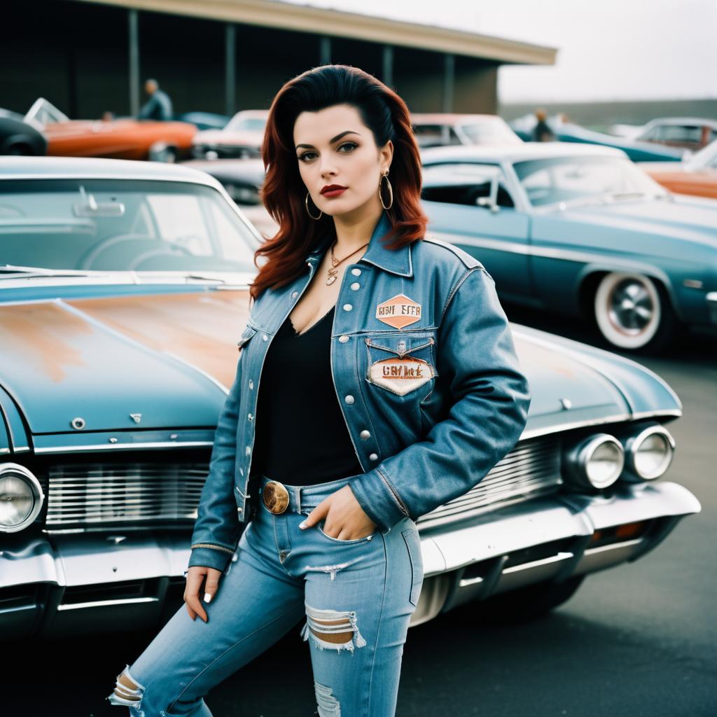 Confident Woman in Retro Fashion with Classic Cars