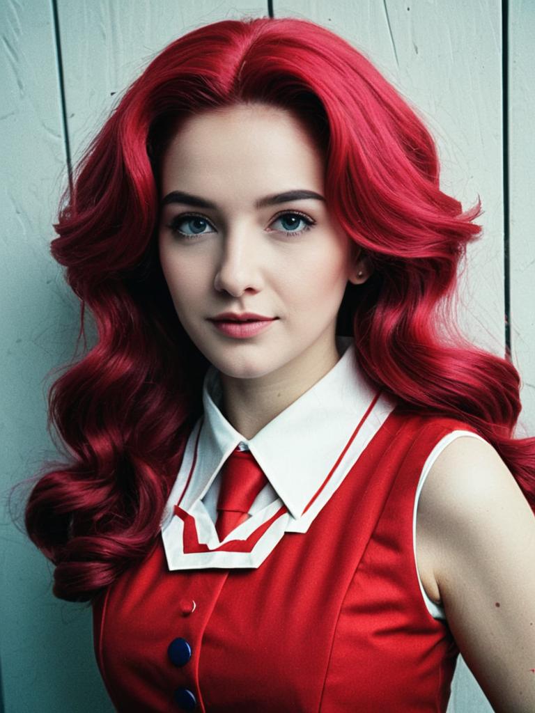 Young Woman with Red Hair in Stylish Red Dress