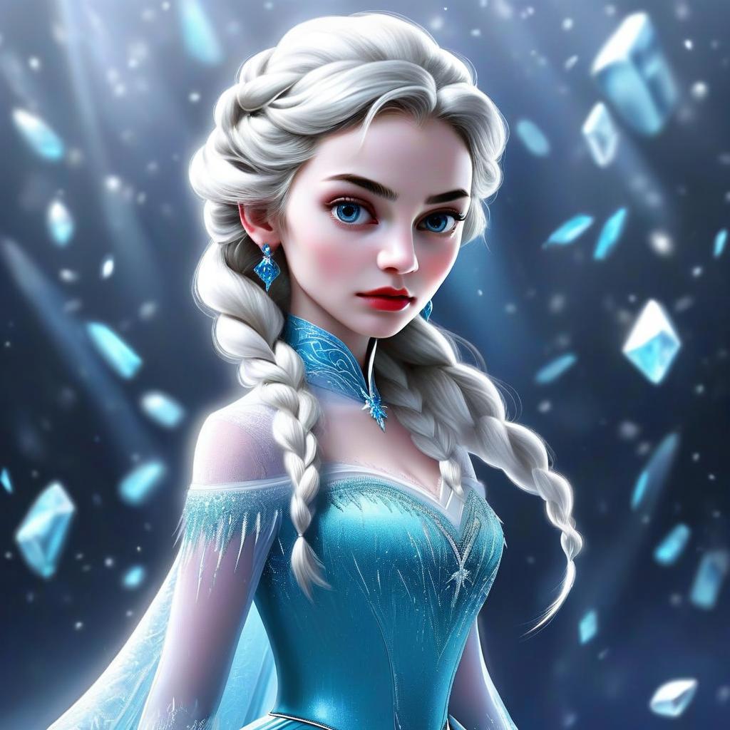 Fantasy Digital Artwork of Woman in Icy Blue Dress with Braided Hair