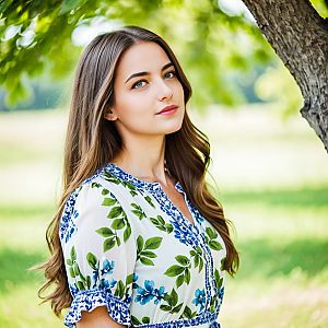 Young Woman in Floral Dress by Tree