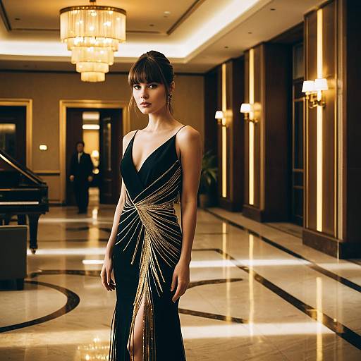 Elegant Woman in Black and Gold Evening Gown in Luxury Hotel Lobby