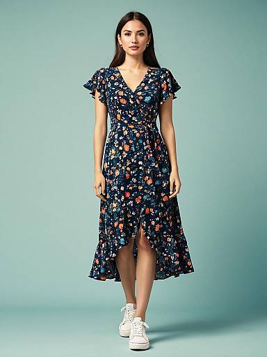 Woman in Casual Chic Vibrant Multicolor Floral Print V-Neck Midi Dress