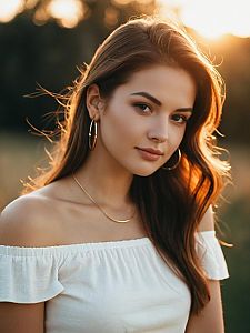 Golden Hour Outdoor Portrait of Young Woman in White Off-Shoulder Top