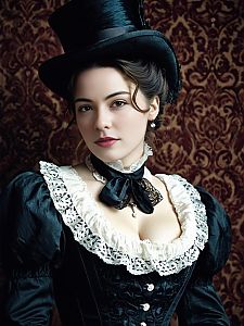 Victorian Woman in Elegant Black Dress and Satin Top Hat