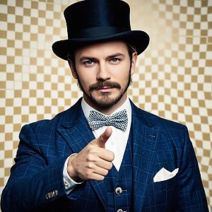 Confident Man in Blue Checkered Suit with Top Hat