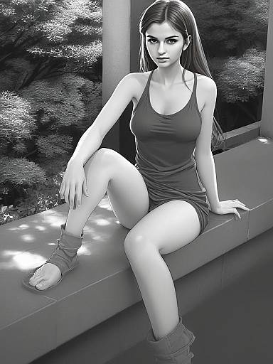 Young Woman Sitting Outdoors in Sleeveless Dress - Black and White Digital Art