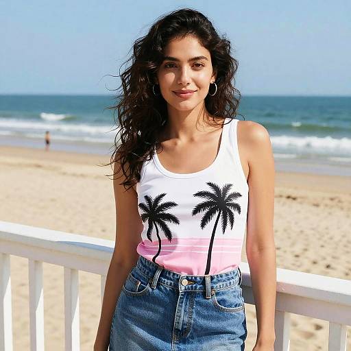 Young Woman in Palm Tree Graphic Tank Top at Beach