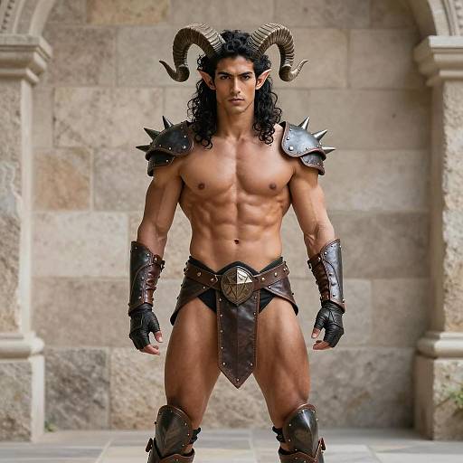 Fantasy Warrior Man with Ram Horns and Leather Armor